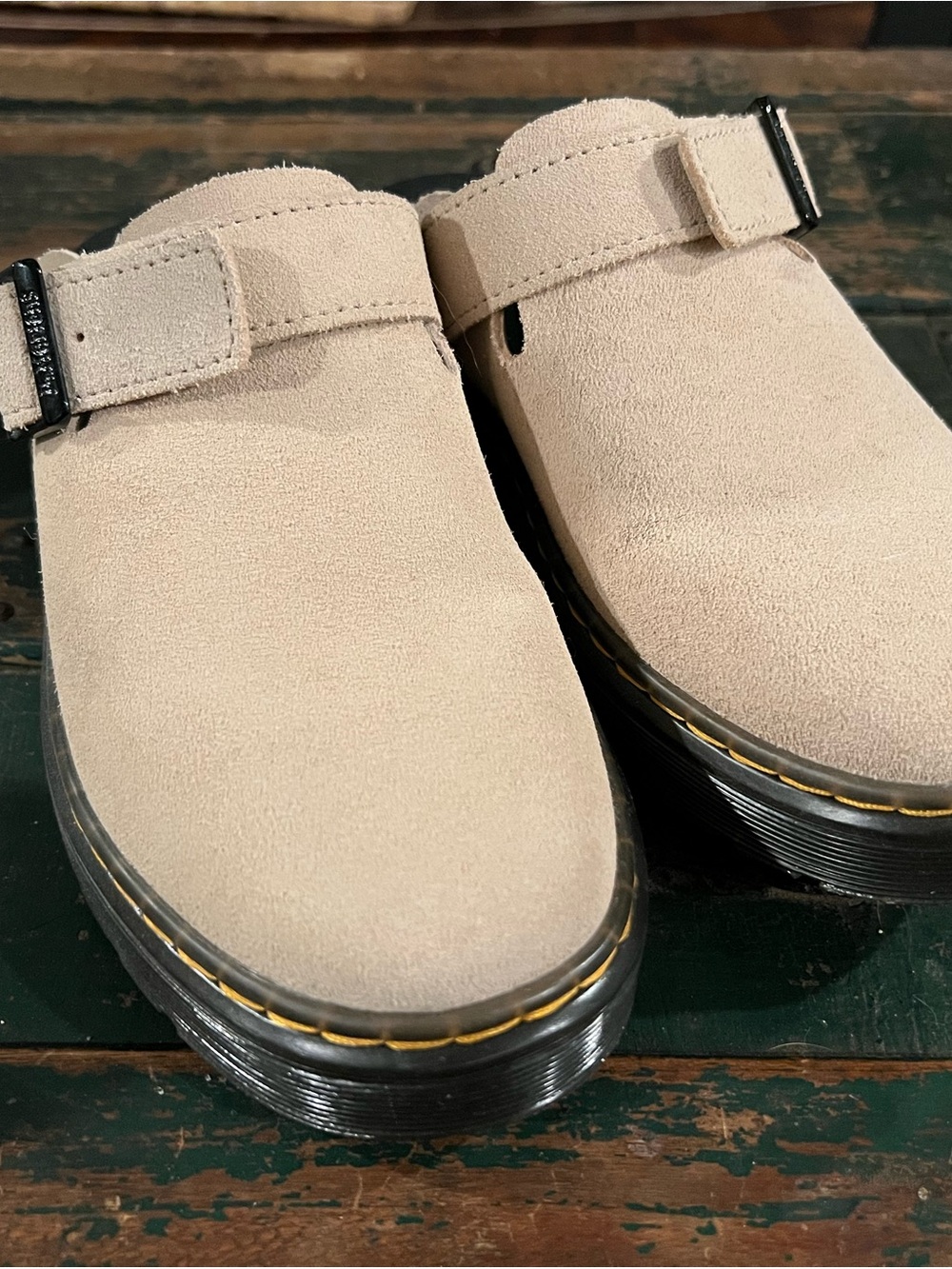 Doc Martin’s Suede Slip-On Clog in Light Beige with Adjustable Strap